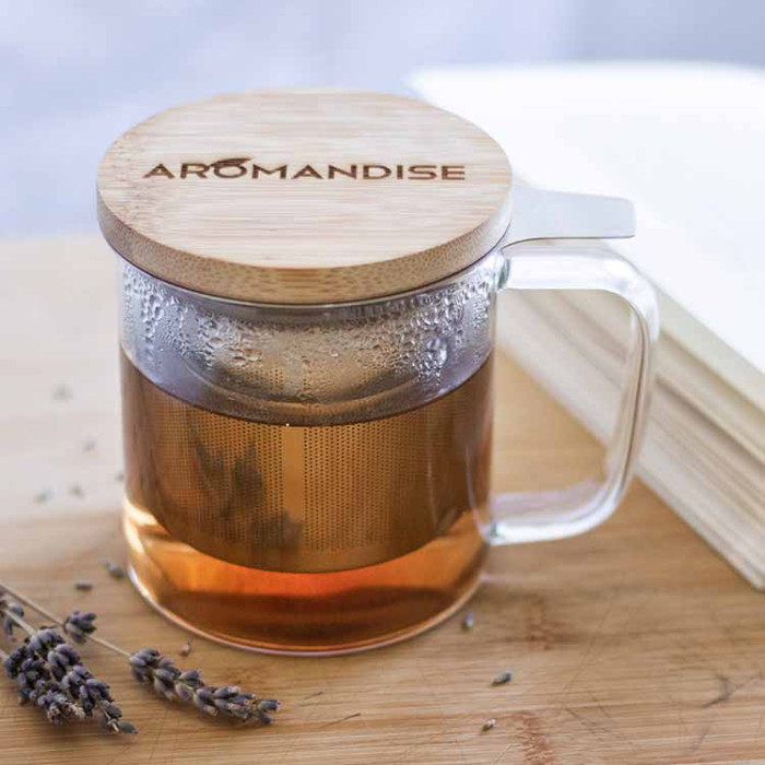 Mug en verre avec filtre et couvercle bambou - Aromandise