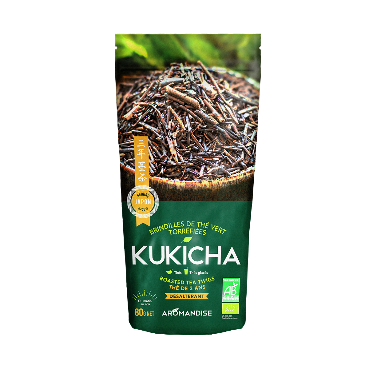 Thé vert grillé Kukicha - Thés bio japonais - Aromandise - Packaging av