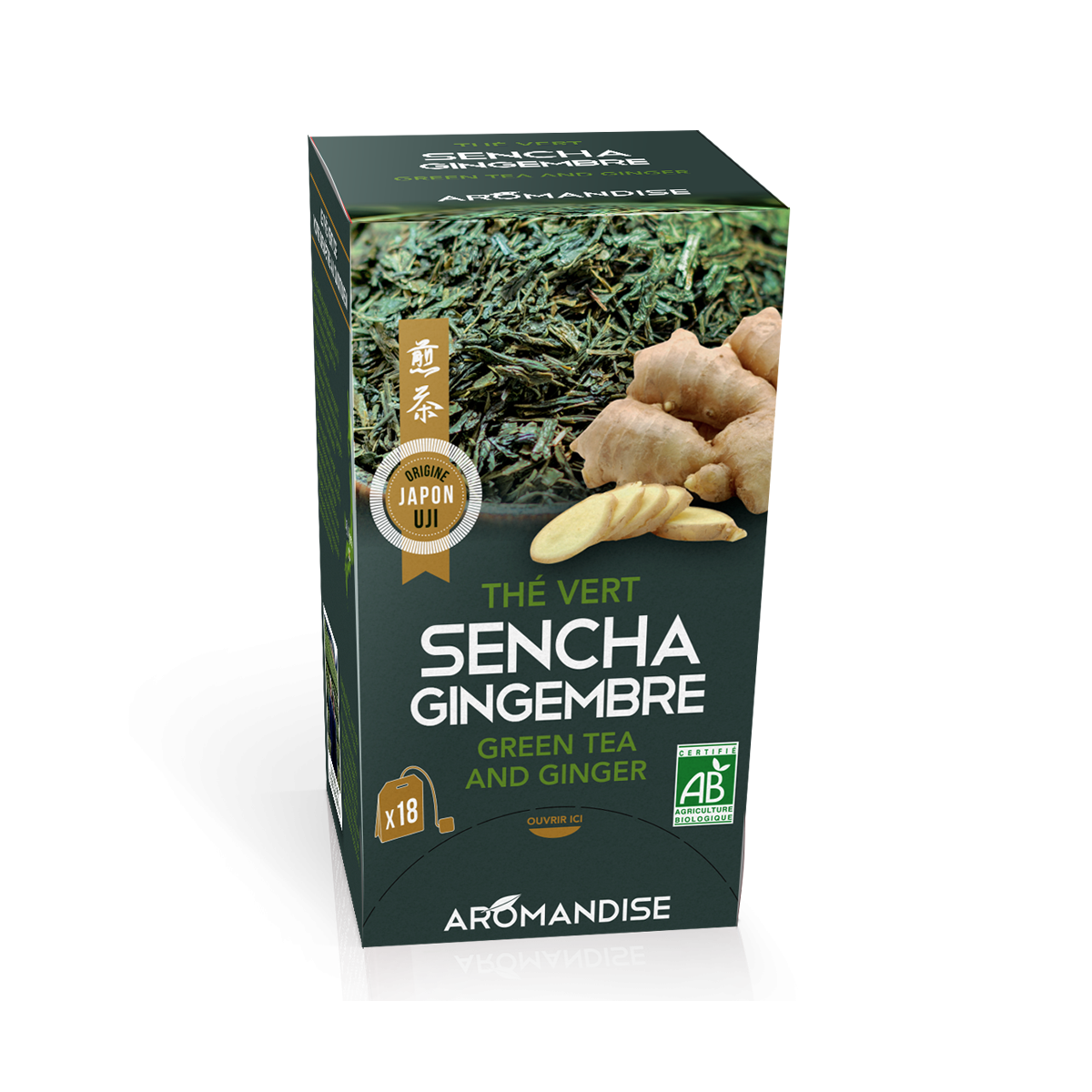 Thé vert Sencha et Gingembre en infusettes - face - AROMANDISE