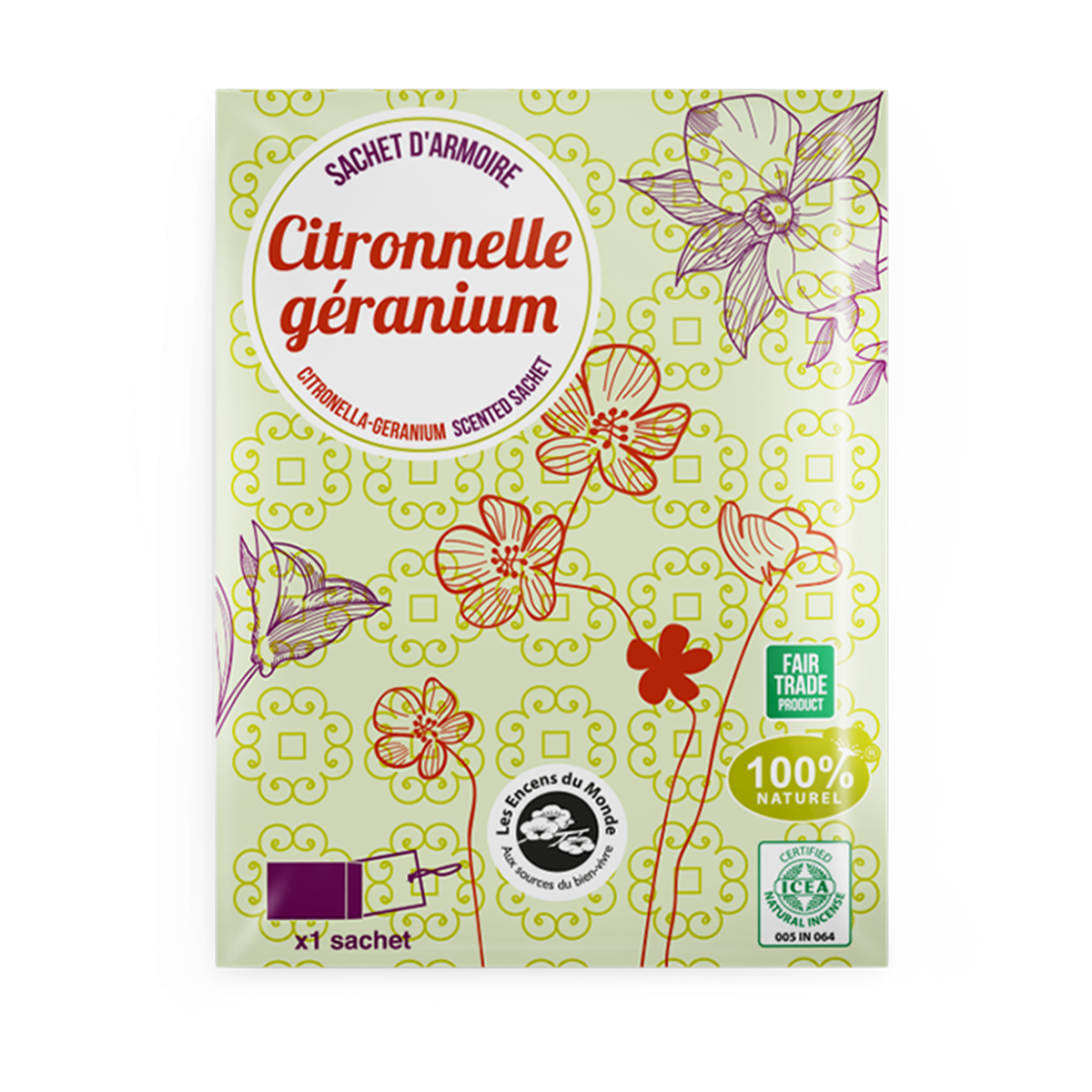 Sachet parfumé citronnelle géranium - Les Encens du Monde - Aromandise - face