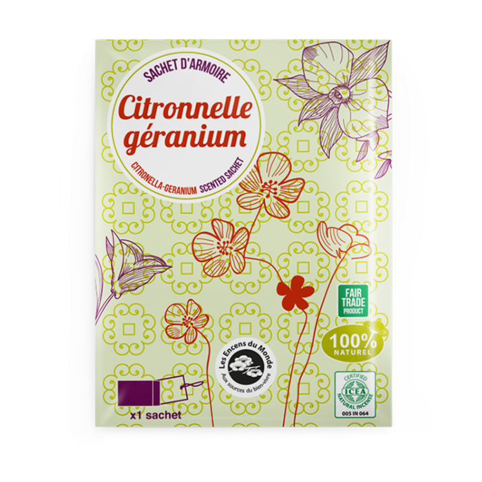 Sachet parfumé citronnelle géranium - Les Encens du Monde - Aromandise - face