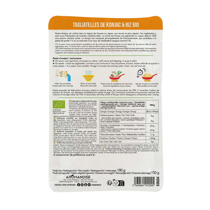 Tagliatelles de Konjac - Dos - Aromandise