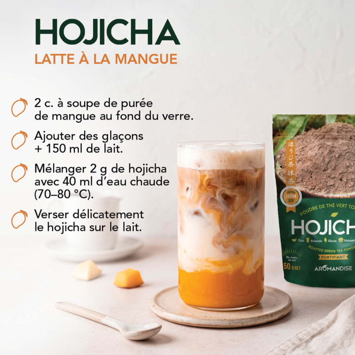 Poudre de thé vert Hojicha - recette latté à la vanille - Aromandise