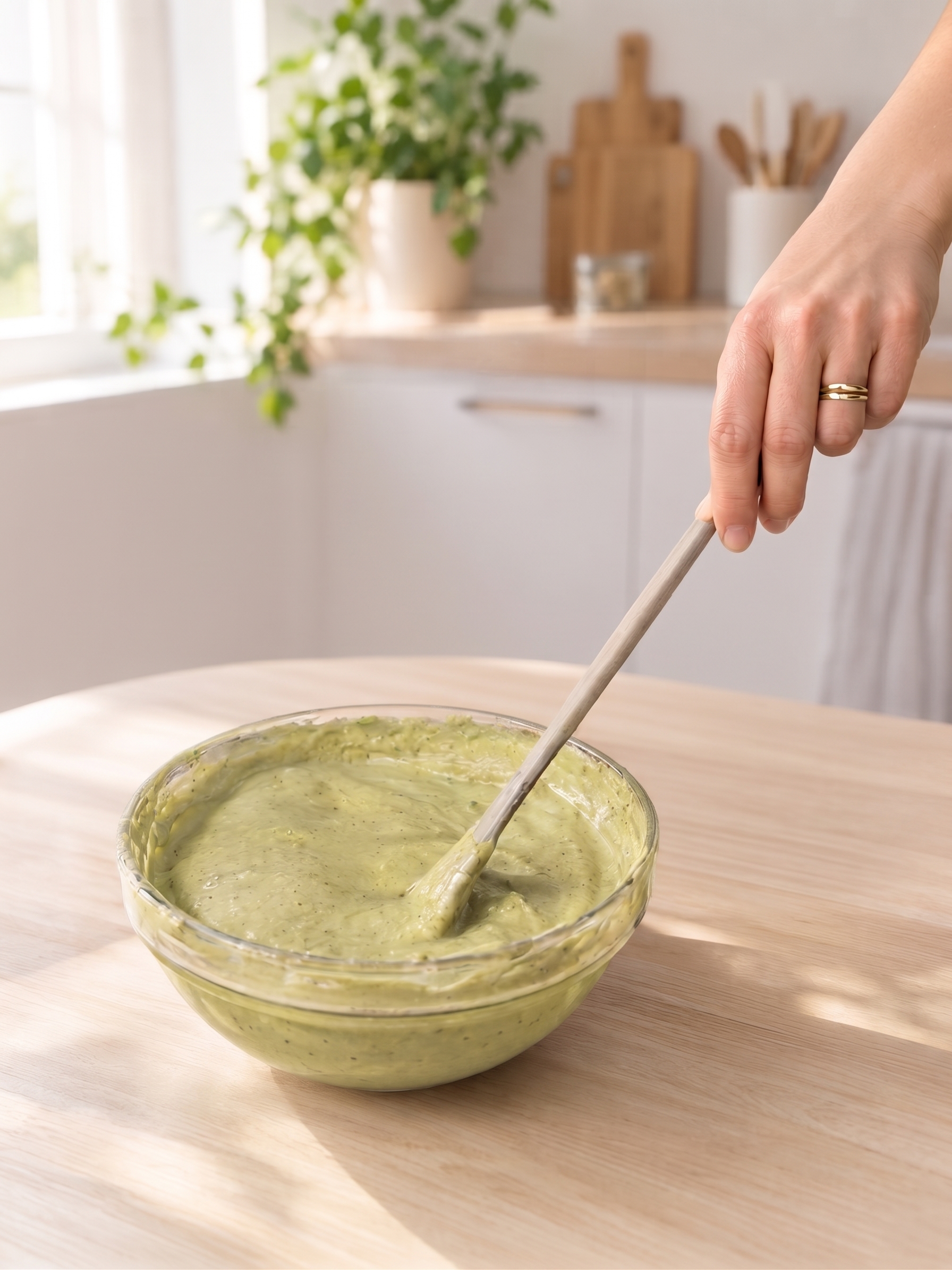 Prépaartion pour gâteau au fromage blanc au matcha culinaire Jade et au kinako, présenté en parts.