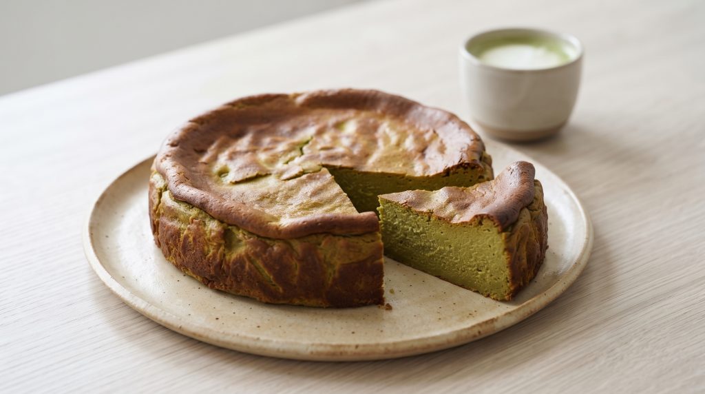 Gâteau au fromage blanc au matcha culinaire Jade et au kinako, présenté en parts.