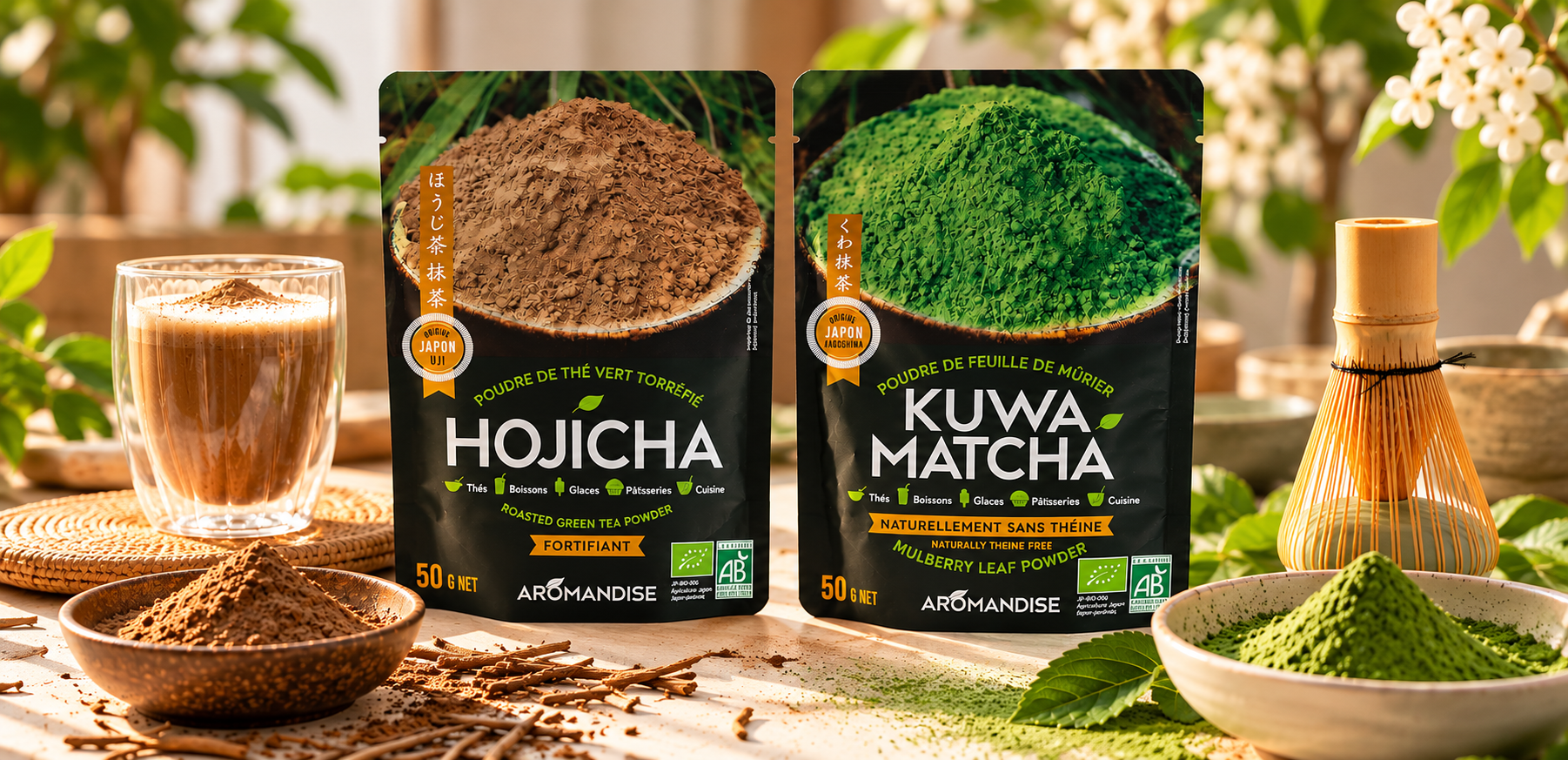 Pack Kuwa Matcha et Hojicha en poudre bio - duo japonais - Aromandise