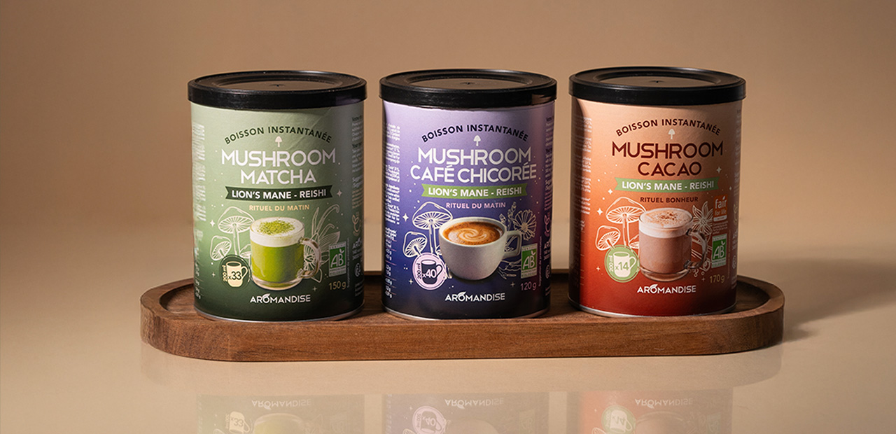 Boissons instantanées bio lattes et mushroom - café, cacao, matcha - Aromandise