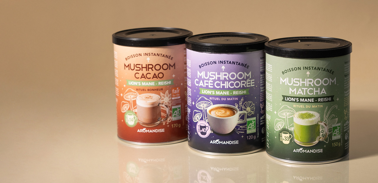 Boissons instantanées bio lattes et mushroom - café, cacao, matcha - Aromandise